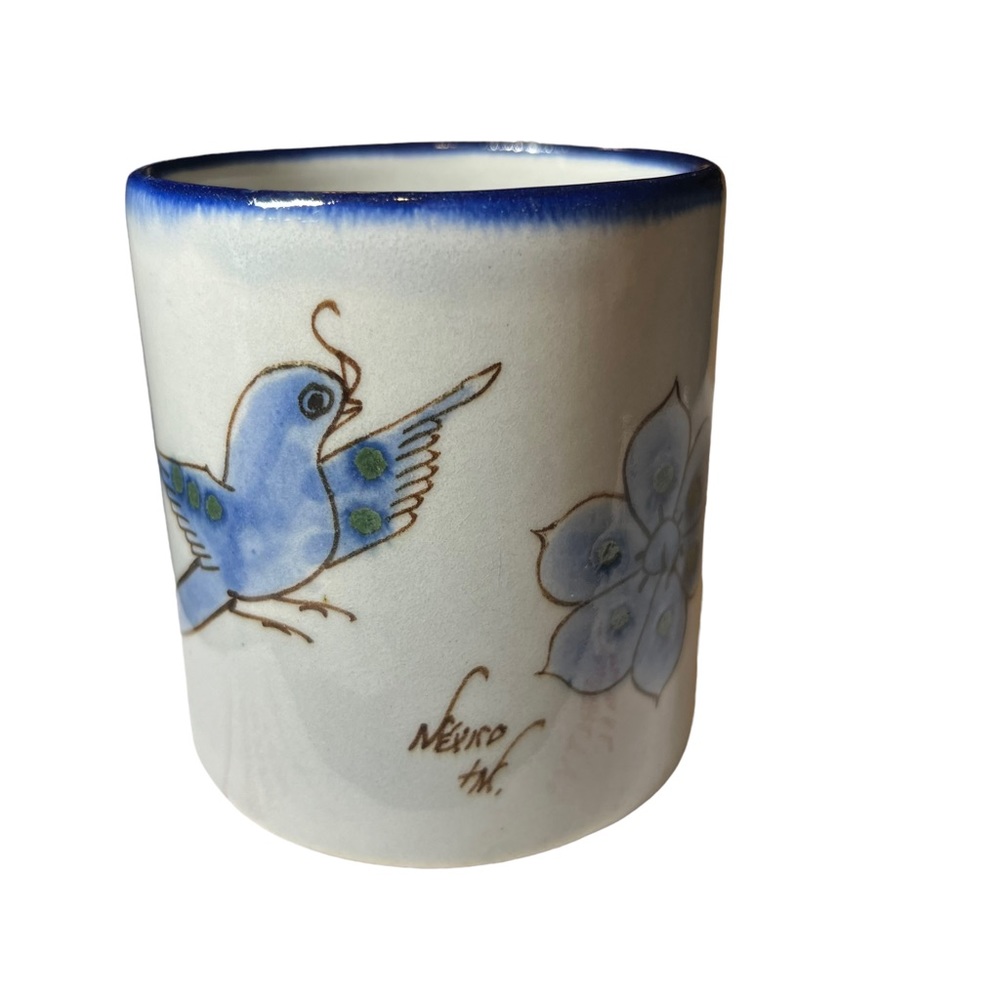 Vintage Tonala Mexican Mug White and Blue